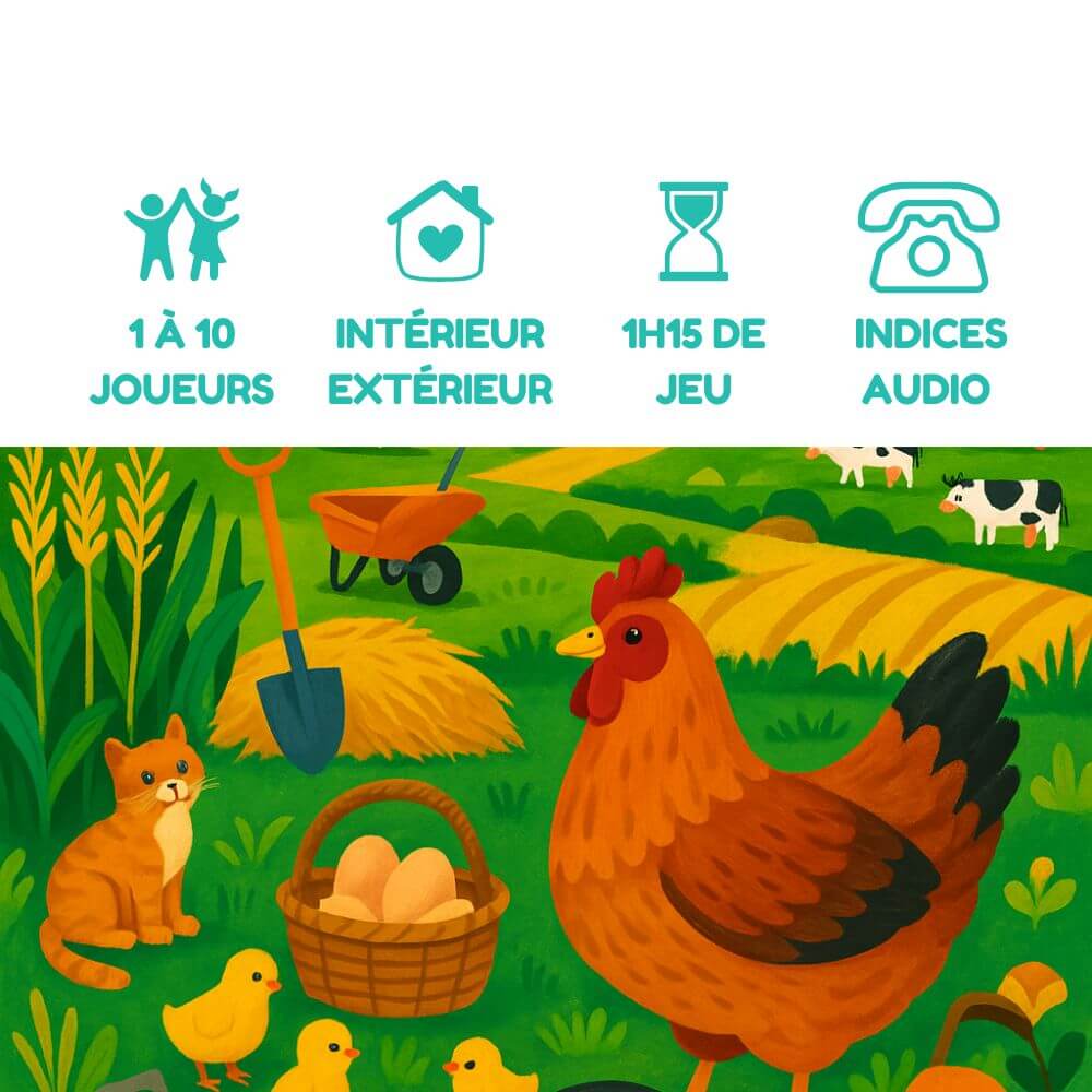 Jeu d’enquête à la ferme pour enfants, 1 à 10 joueurs, intérieur ou extérieur, 1h15 de jeu avec indices audio – Explorador